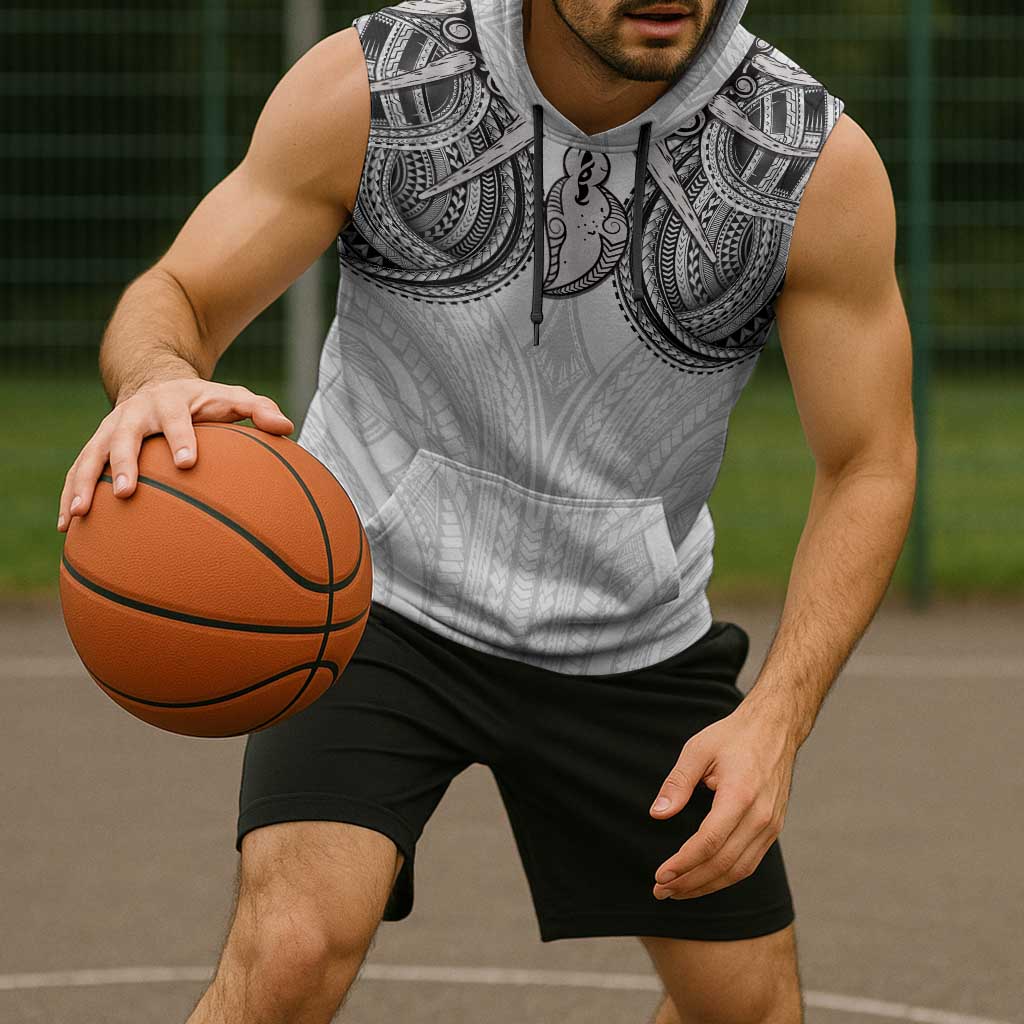 Samoan Traditional Art Tattoos Sleeveless Hoodie Tatau Tribal Motifs with Ula Nifo White - Polynesian Pride
