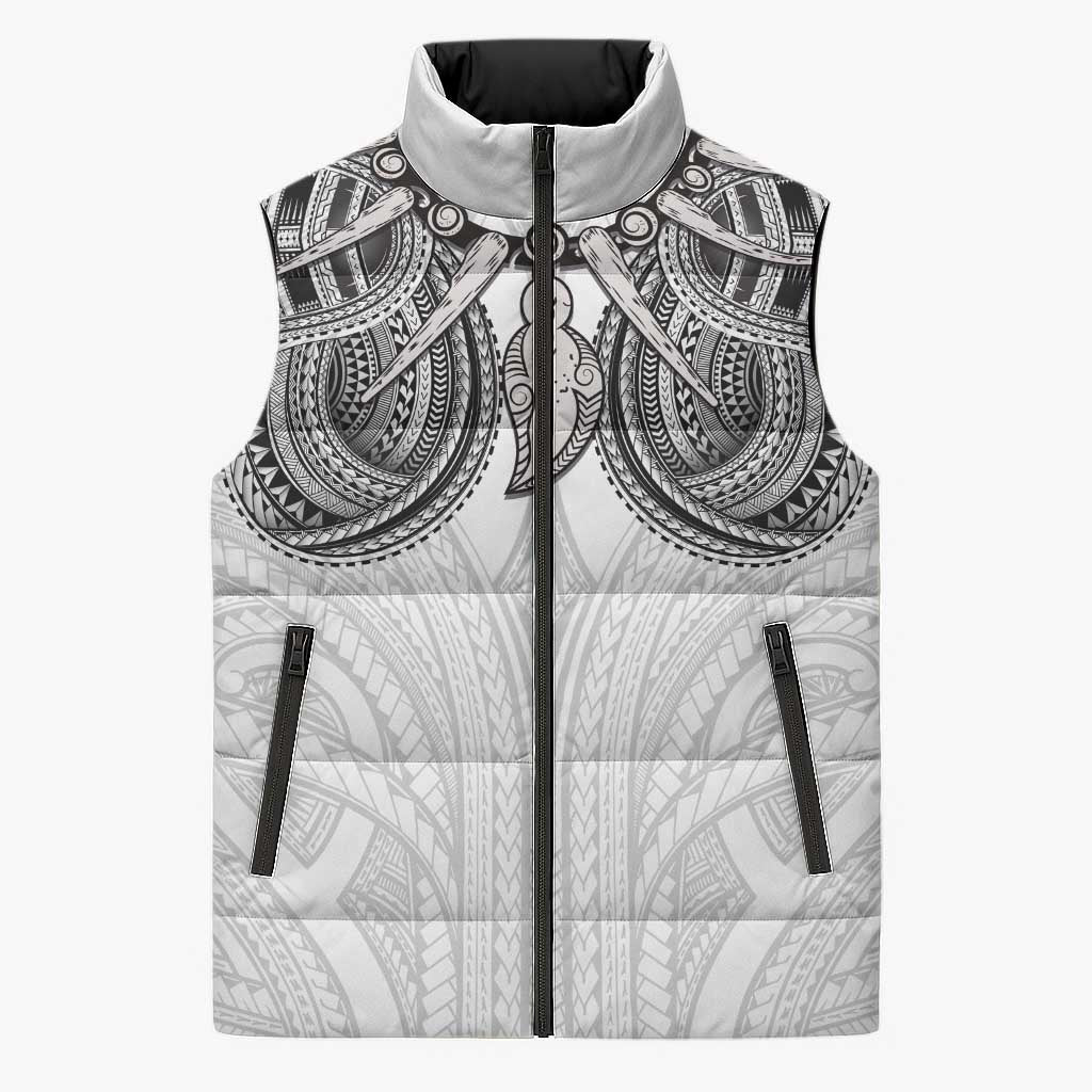 Samoan Traditional Art Tattoos Sleeveless Puffer Jacket Tatau Tribal Motifs with Ula Nifo White - Polynesian Pride
