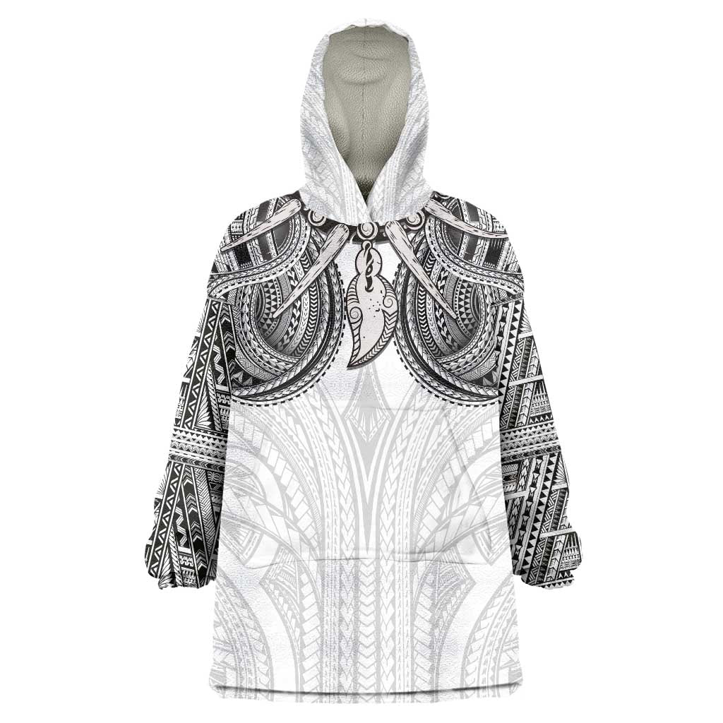 Samoan Traditional Art Tattoos Wearable Blanket Hoodie Tatau Tribal Motifs with Ula Nifo White - Polynesian Pride