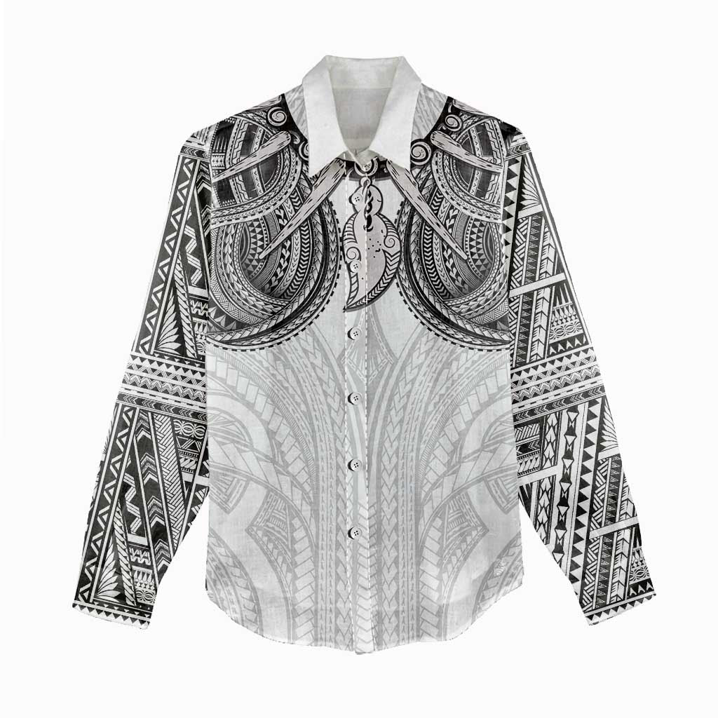 Samoan Traditional Art Tattoos Women Casual Shirt Tatau Tribal Motifs with Ula Nifo White - Polynesian Pride