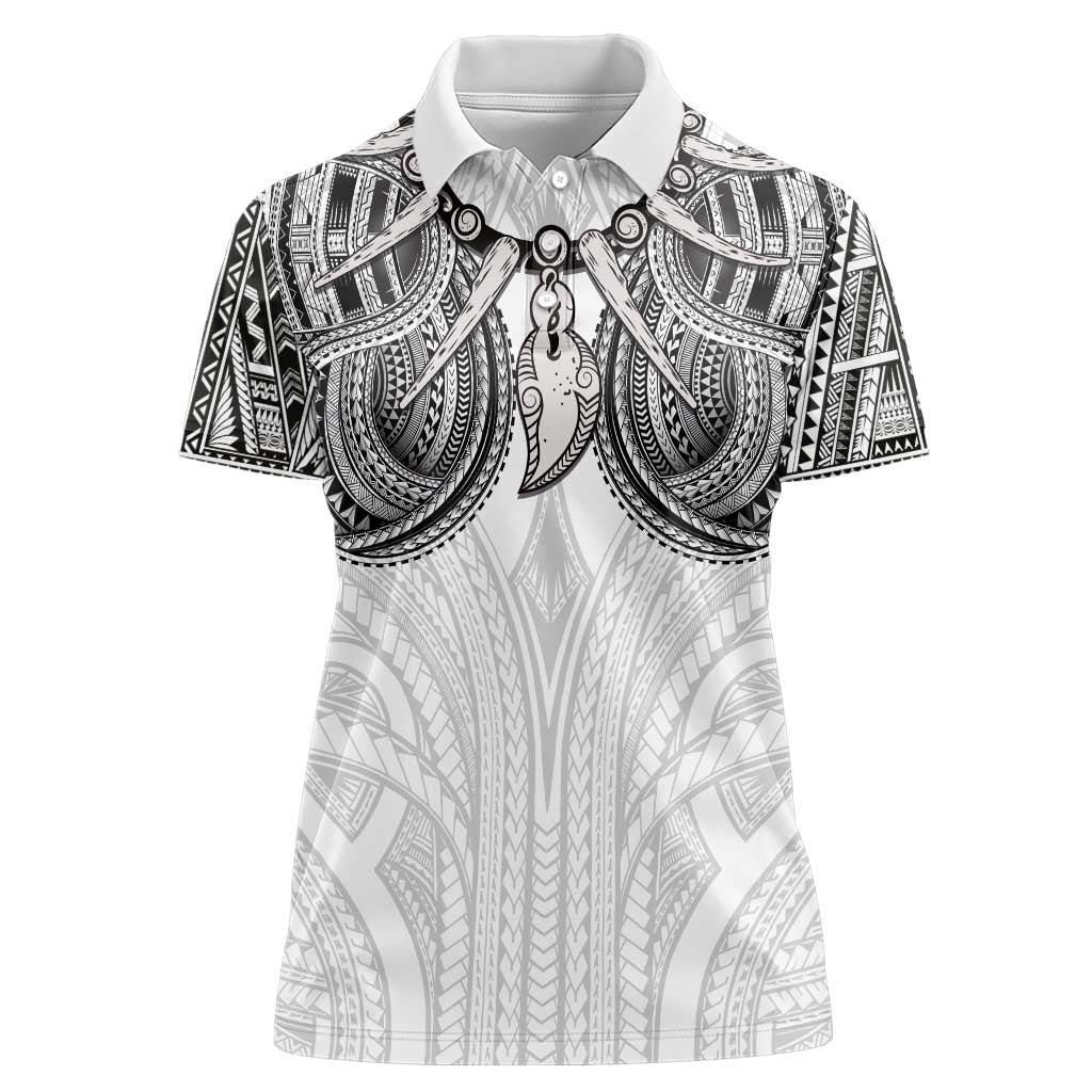Samoan Traditional Art Tattoos Women Polo Shirt Tatau Tribal Motifs with Ula Nifo White - Polynesian Pride
