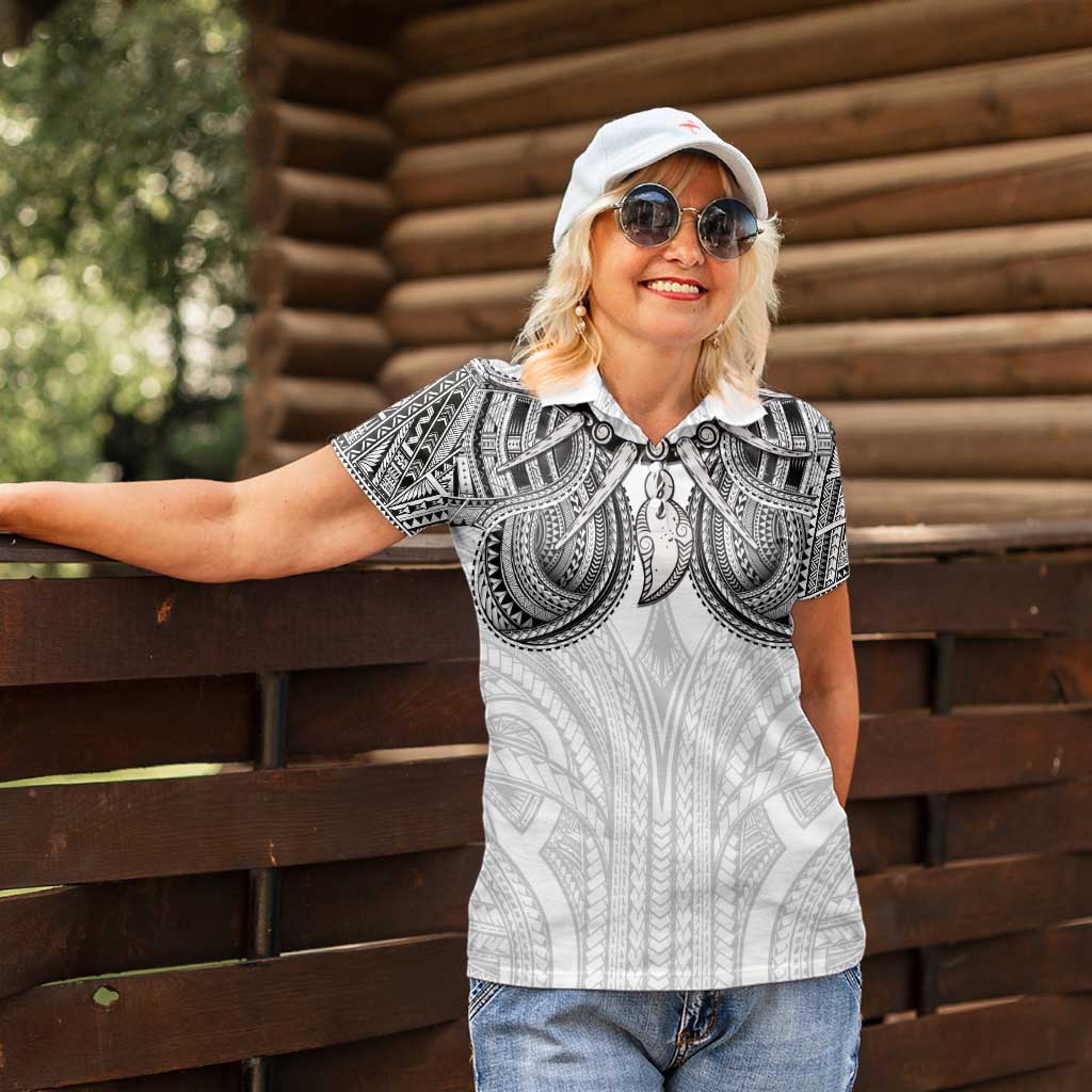 Samoan Traditional Art Tattoos Women Polo Shirt Tatau Tribal Motifs with Ula Nifo White - Polynesian Pride
