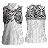 Samoan Traditional Art Tattoos Women Sleeveless Polo Shirt Tatau Tribal Motifs with Ula Nifo White - Polynesian Pride