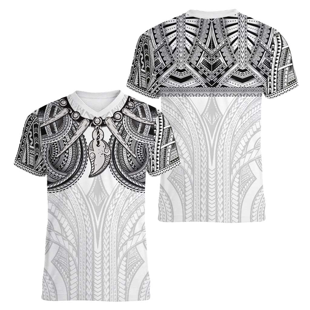 Samoan Traditional Art Tattoos Women V-Neck T-Shirt Tatau Tribal Motifs with Ula Nifo White - Polynesian Pride