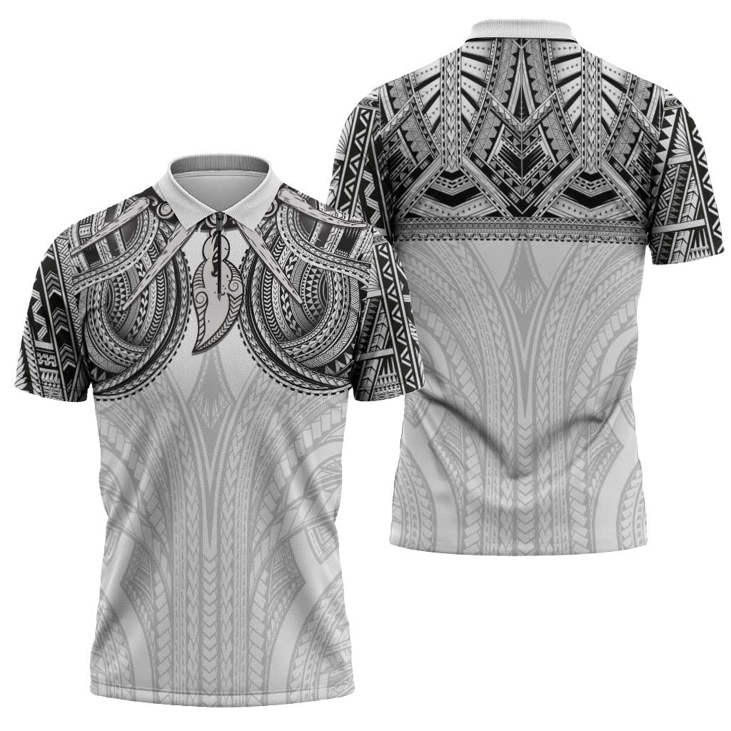 Samoan Traditional Art Tattoos Zipper Polo Shirt Tatau Tribal Motifs with Ula Nifo White - Polynesian Pride