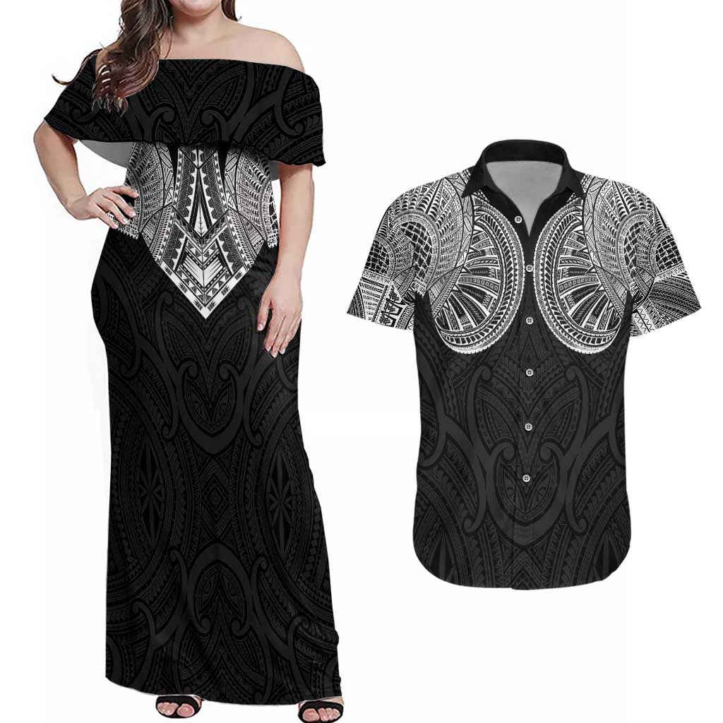 Samoan Traditional Art Tattoos Couples Matching Off Shoulder Maxi Dress and Hawaiian Shirt Tatau Roman Reigns Black Color - Polynesian Pride