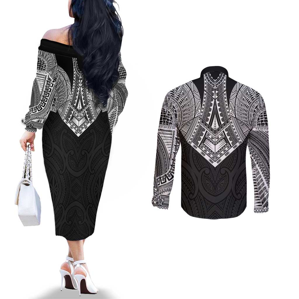 Samoan Traditional Art Tattoos Couples Matching Off The Shoulder Long Sleeve Dress and Long Sleeve Button Shirt Tatau Roman Reigns Black Color - Polynesian Pride