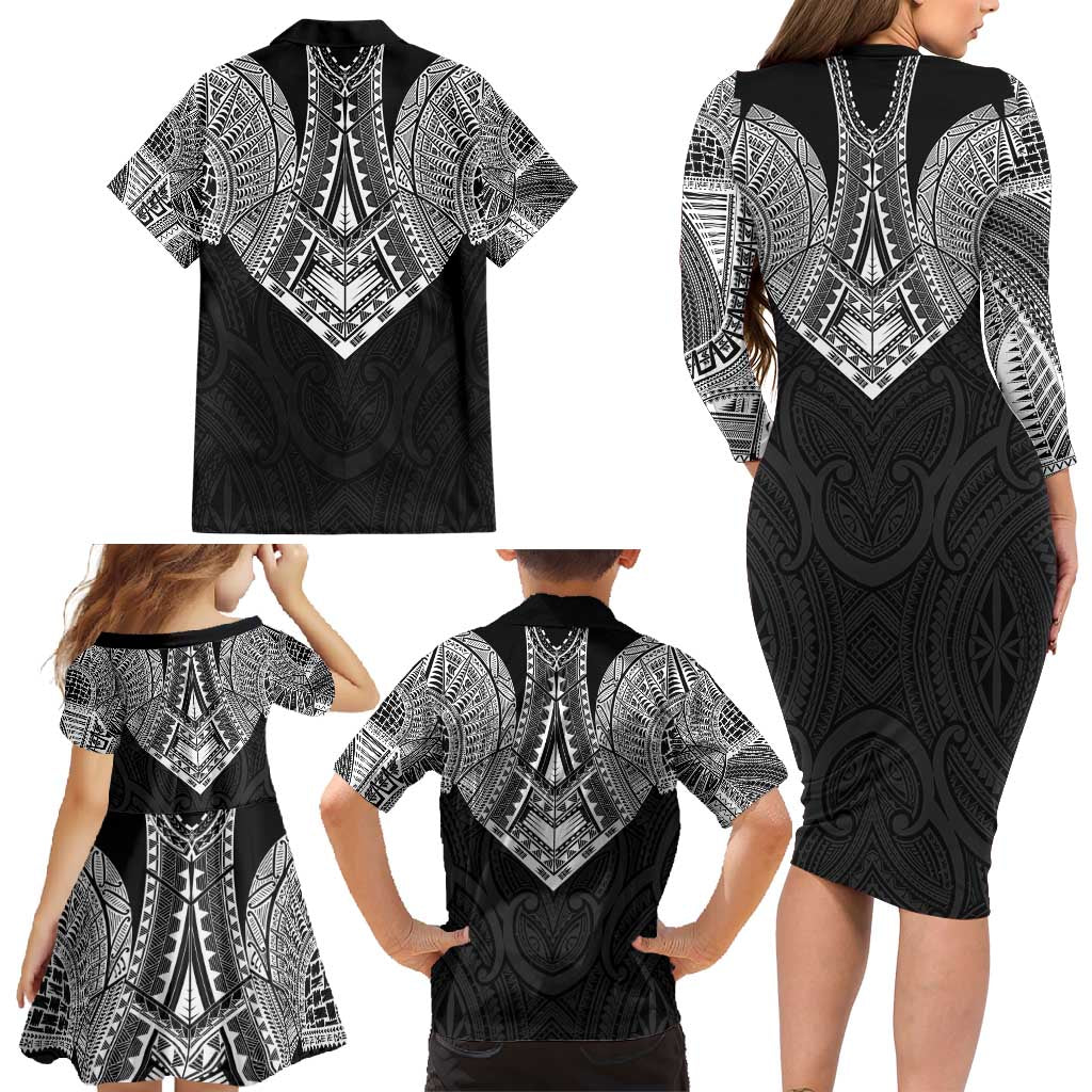 Samoan Traditional Art Tattoos Family Matching Long Sleeve Bodycon Dress and Hawaiian Shirt Tatau Roman Reigns Black Color - Polynesian Pride