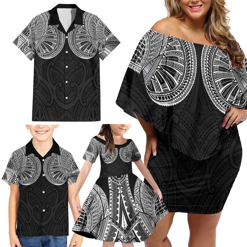 Samoan Traditional Art Tattoos Family Matching Off Shoulder Short Dress and Hawaiian Shirt Tatau Roman Reigns Black Color - Polynesian Pride