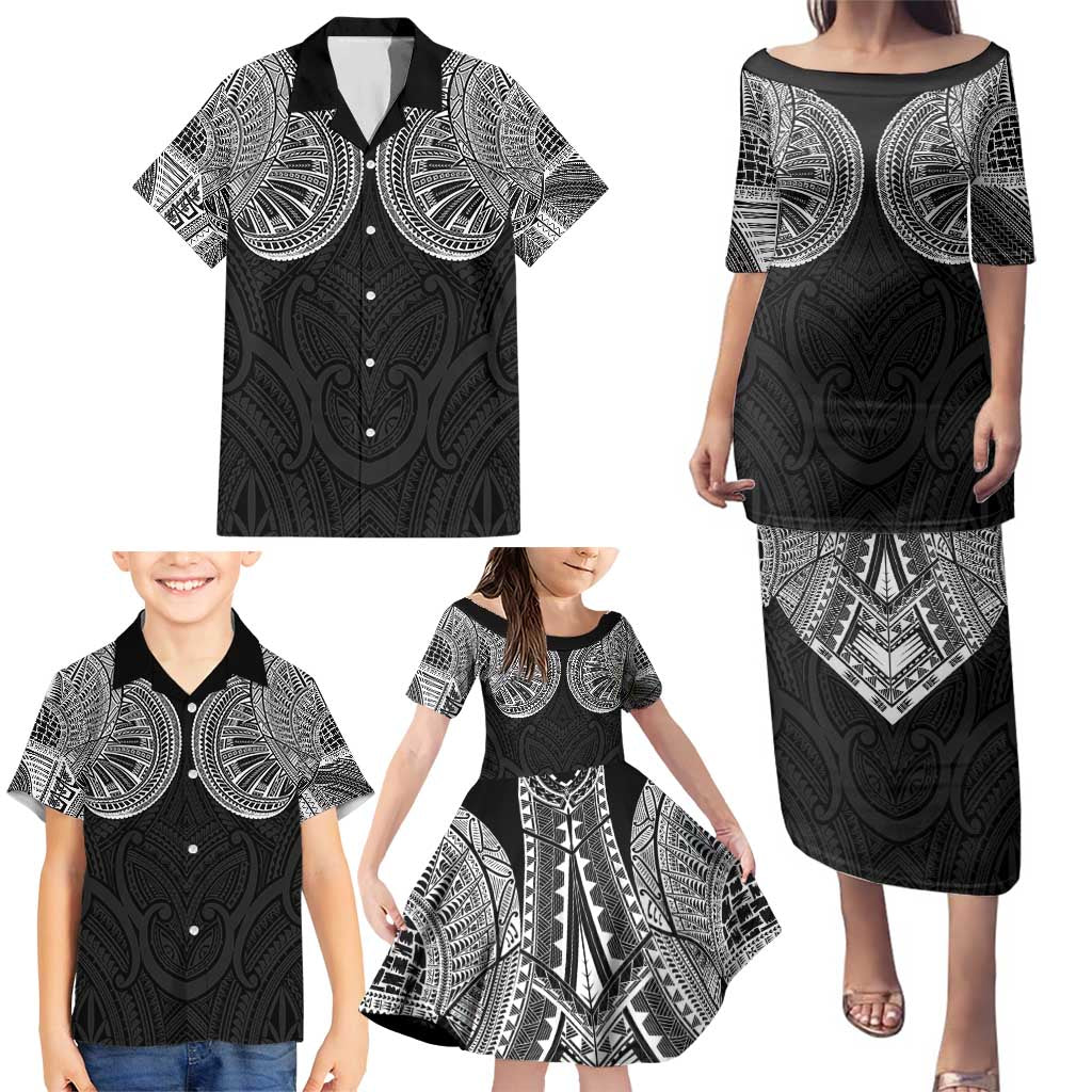Samoan Traditional Art Tattoos Family Matching Puletasi and Hawaiian Shirt Tatau Roman Reigns Black Color - Polynesian Pride