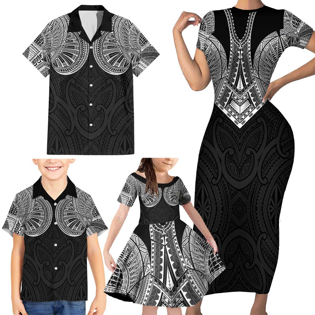 Samoan Traditional Art Tattoos Family Matching Short Sleeve Bodycon Dress and Hawaiian Shirt Tatau Roman Reigns Black Color - Polynesian Pride