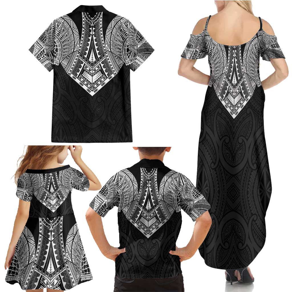 Samoan Traditional Art Tattoos Family Matching Summer Maxi Dress and Hawaiian Shirt Tatau Roman Reigns Black Color - Polynesian Pride