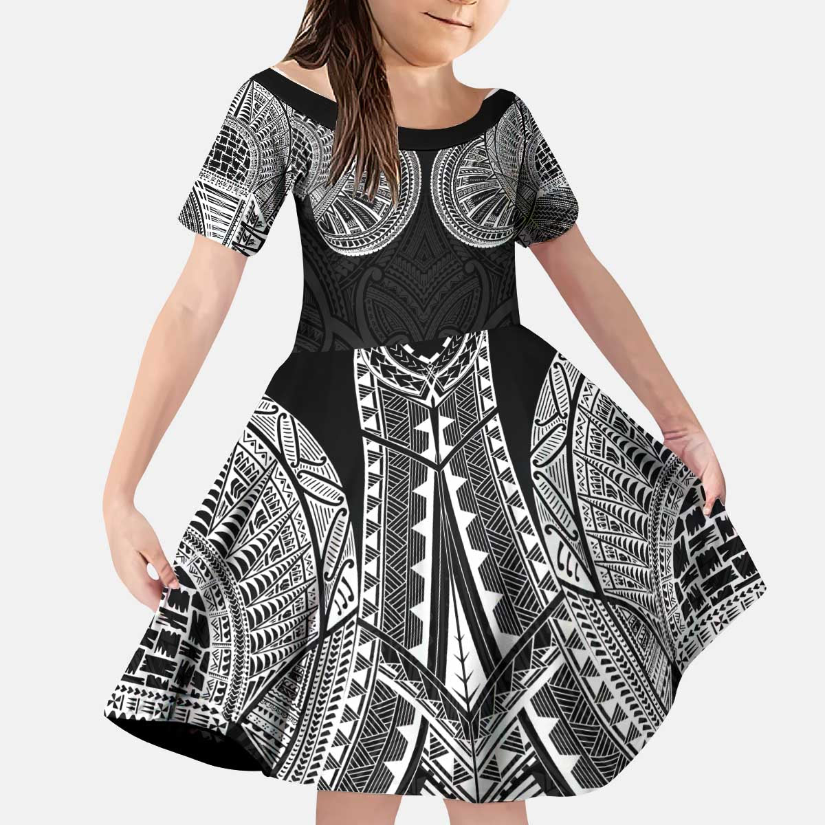 Samoan Traditional Art Tattoos Kid Short Sleeve Dress Tatau Roman Reigns Black Color - Polynesian Pride