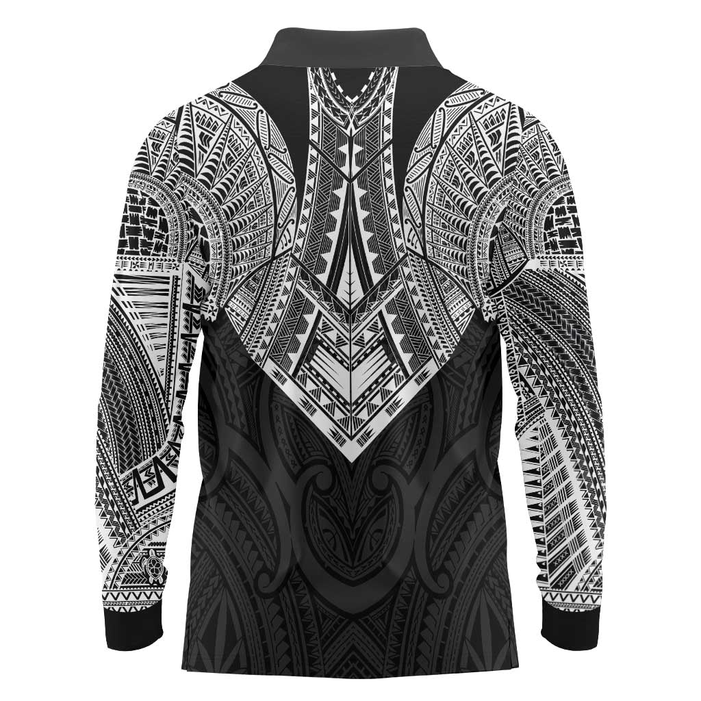 Samoan Traditional Art Tattoos Long Sleeve Polo Shirt Tatau Roman Reigns Black Color - Polynesian Pride