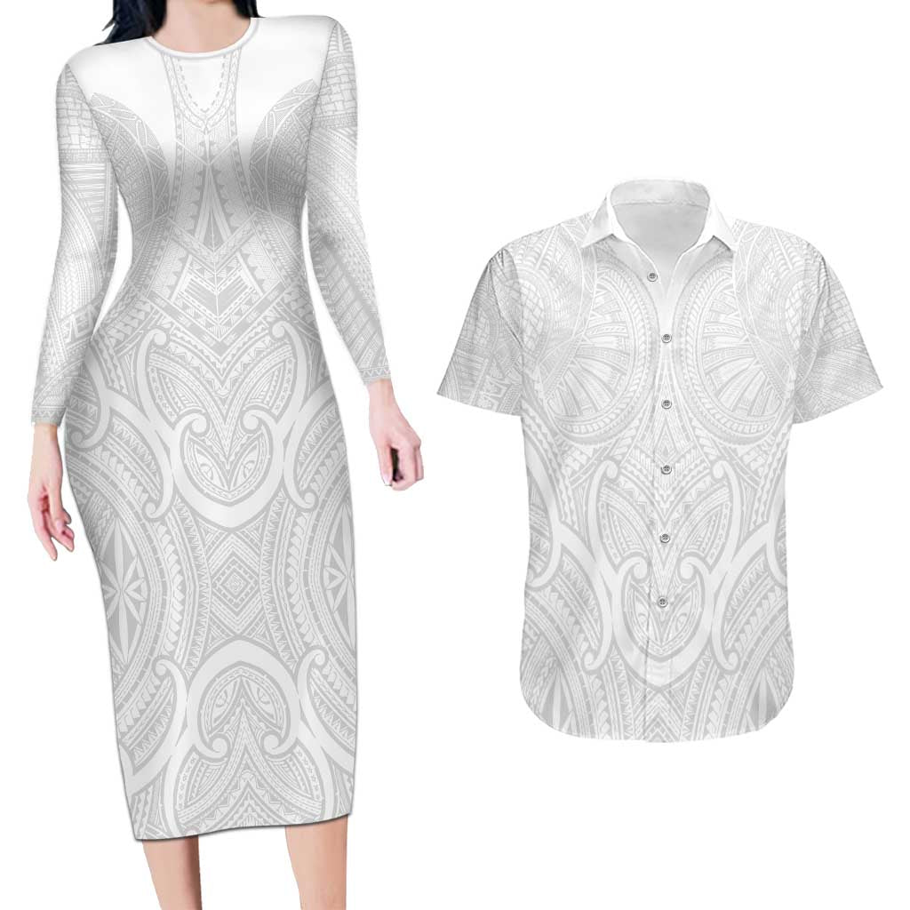 Samoan Traditional Art Tattoos Couples Matching Long Sleeve Bodycon Dress and Hawaiian Shirt Tatau Roman Reigns White Color - Polynesian Pride