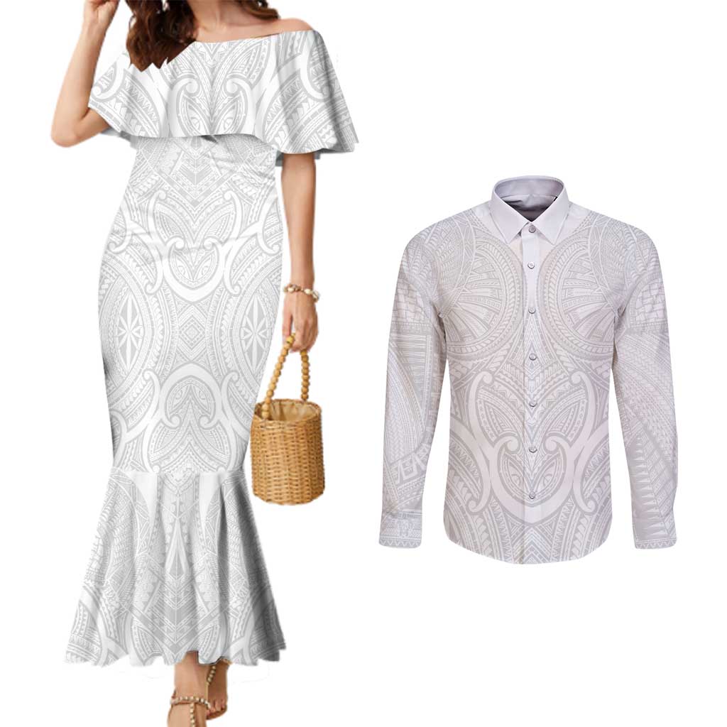 Samoan Traditional Art Tattoos Couples Matching Mermaid Dress and Long Sleeve Button Shirt Tatau Roman Reigns White Color LT03 White - Polynesian Pride