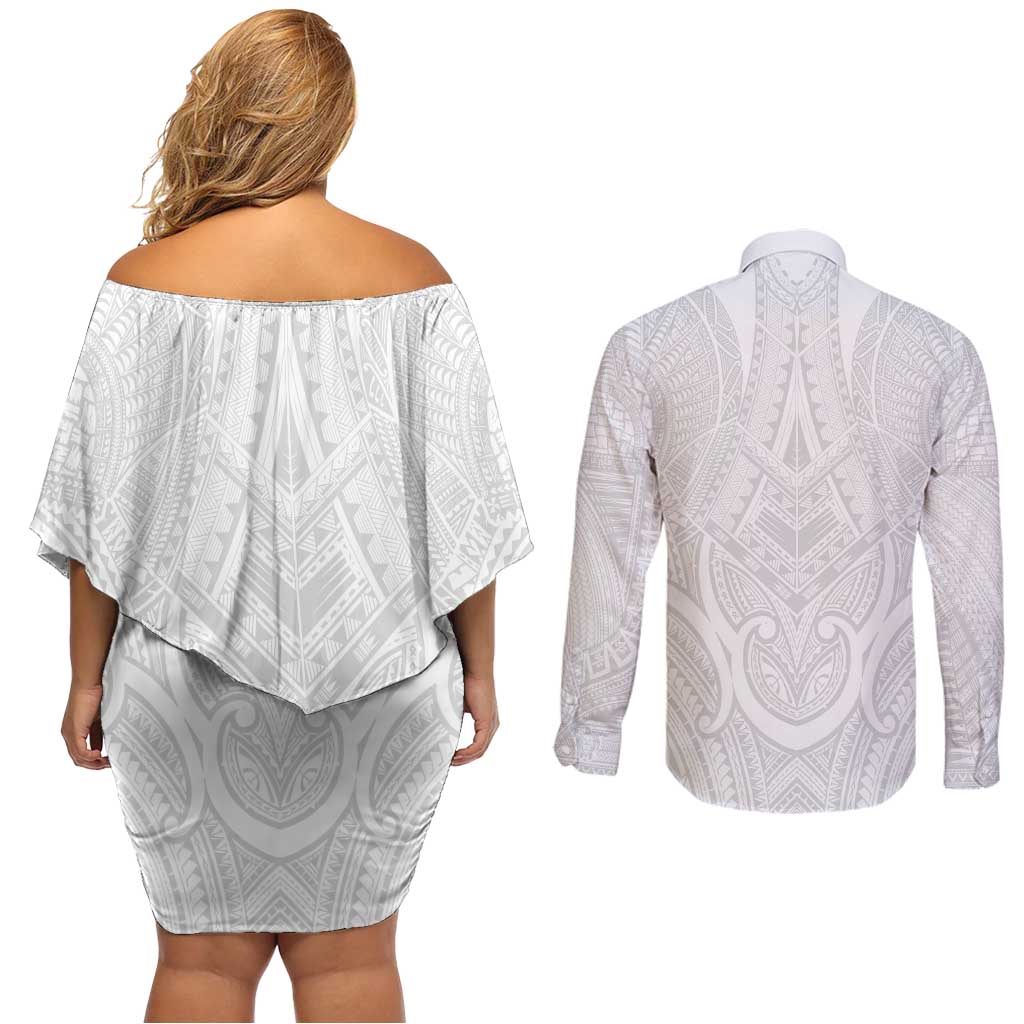 Samoan Traditional Art Tattoos Couples Matching Off Shoulder Short Dress and Long Sleeve Button Shirt Tatau Roman Reigns White Color - Polynesian Pride
