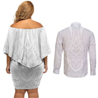 Samoan Traditional Art Tattoos Couples Matching Off Shoulder Short Dress and Long Sleeve Button Shirt Tatau Roman Reigns White Color - Polynesian Pride