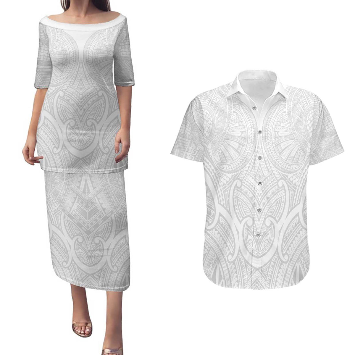 Samoan Traditional Art Tattoos Couples Matching Puletasi and Hawaiian Shirt Tatau Roman Reigns White Color - Polynesian Pride