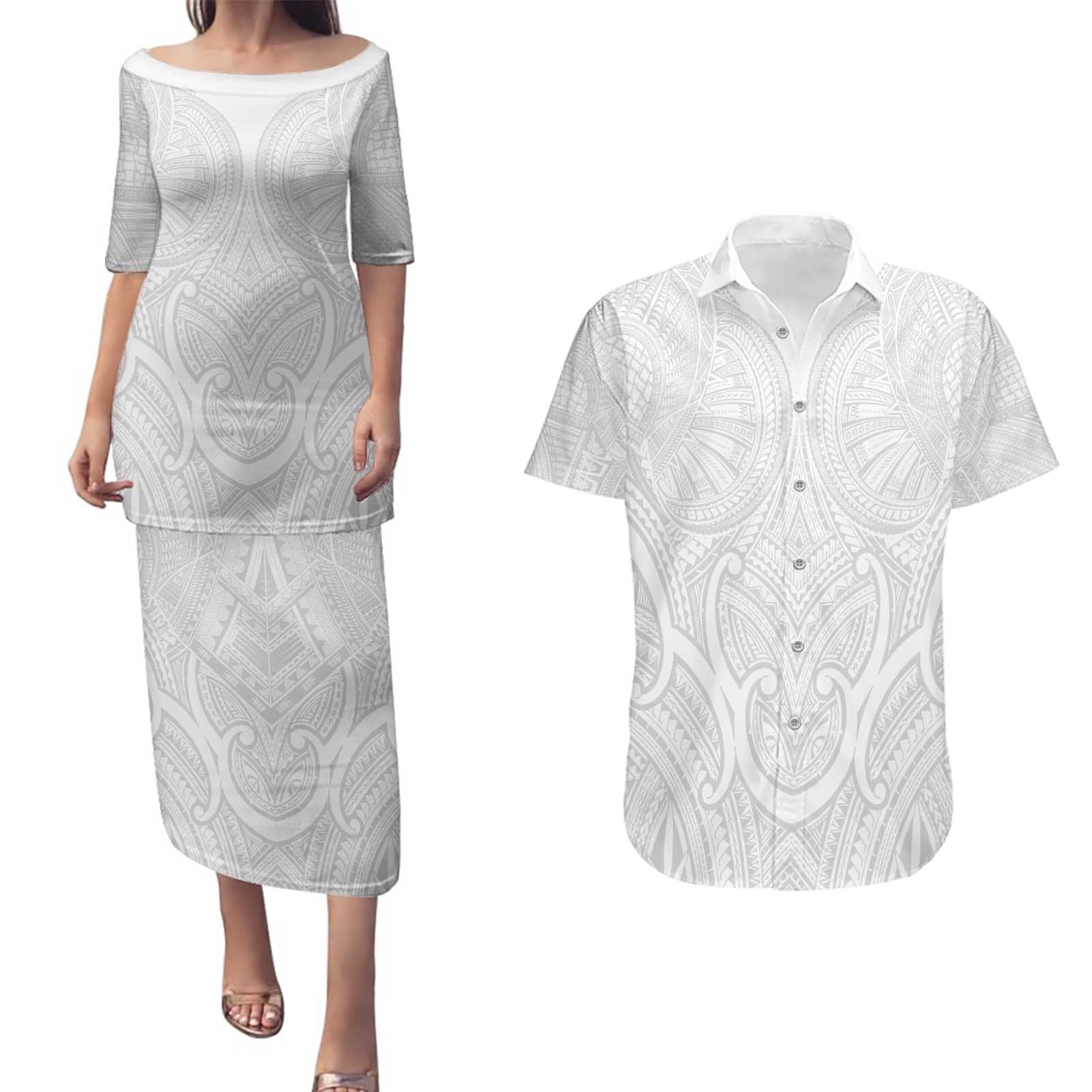 Samoan Traditional Art Tattoos Couples Matching Puletasi and Hawaiian Shirt Tatau Roman Reigns White Color - Polynesian Pride