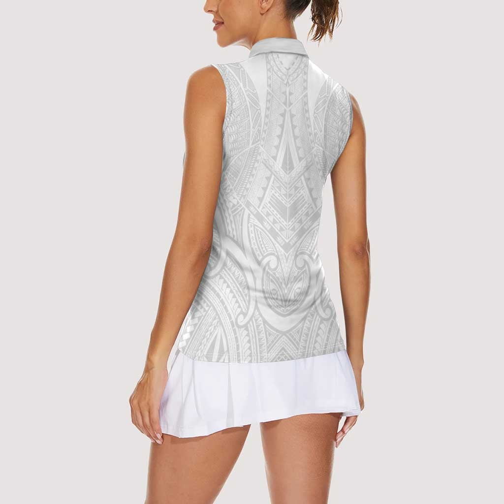 Samoan Traditional Art Tattoos Women Sleeveless Polo Shirt Tatau Roman Reigns White Color - Polynesian Pride
