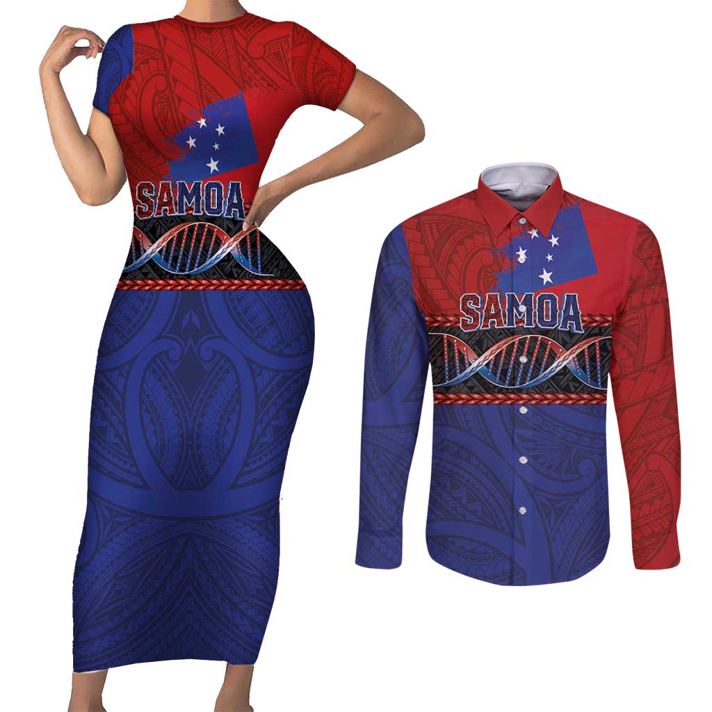 Personalised Samoan DNA-Proud of Samoa Couples Matching Short Sleeve Bodycon Dress and Long Sleeve Button Shirt Polynesian Patterns - Polynesian Pride