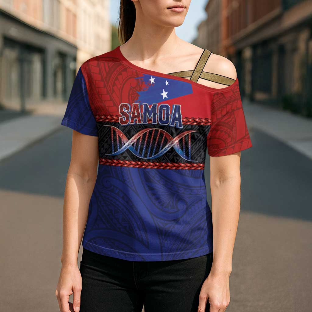 Personalised Samoan DNA-Proud of Samoa Cross Shoulder Shirt Polynesian Patterns - Polynesian Pride