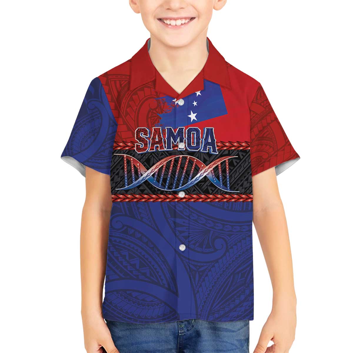 Personalised Samoan DNA-Proud of Samoa Family Matching Off The Shoulder Long Sleeve Dress and Hawaiian Shirt Polynesian Patterns - Polynesian Pride