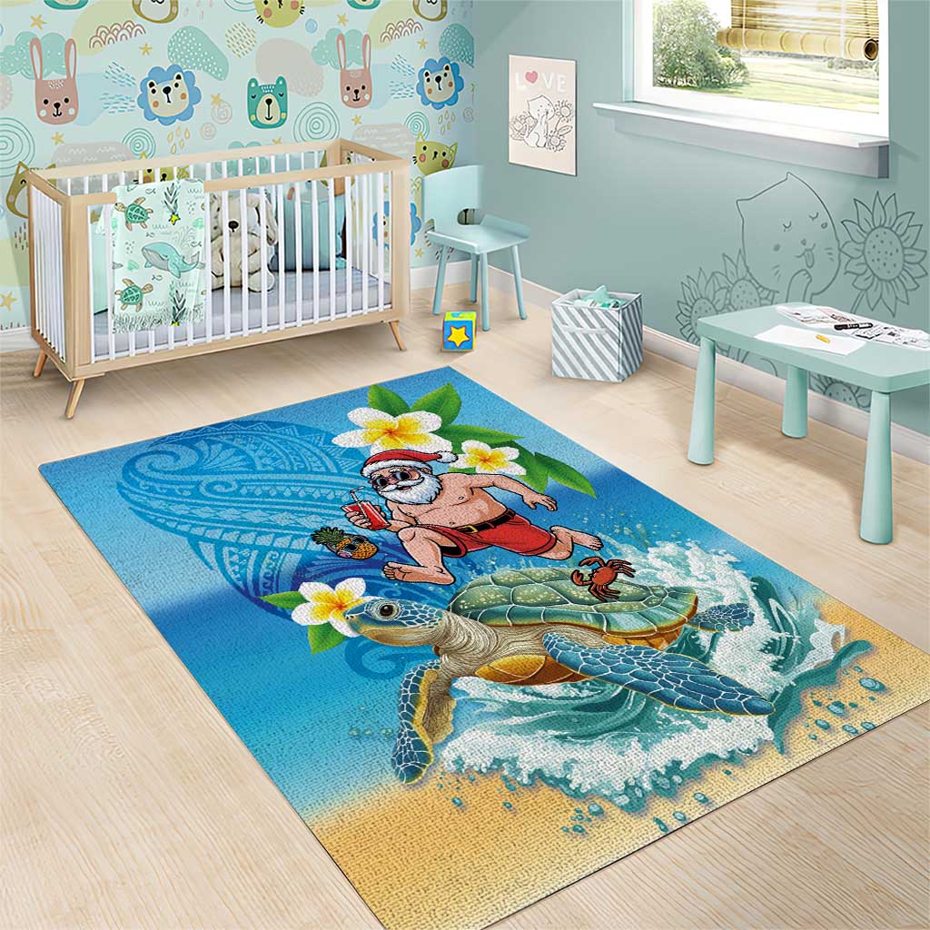 Polynesian Merry Christmas Area Rug Funny Santa with Sea Turtle Beach Plumeria - Polynesian Pride