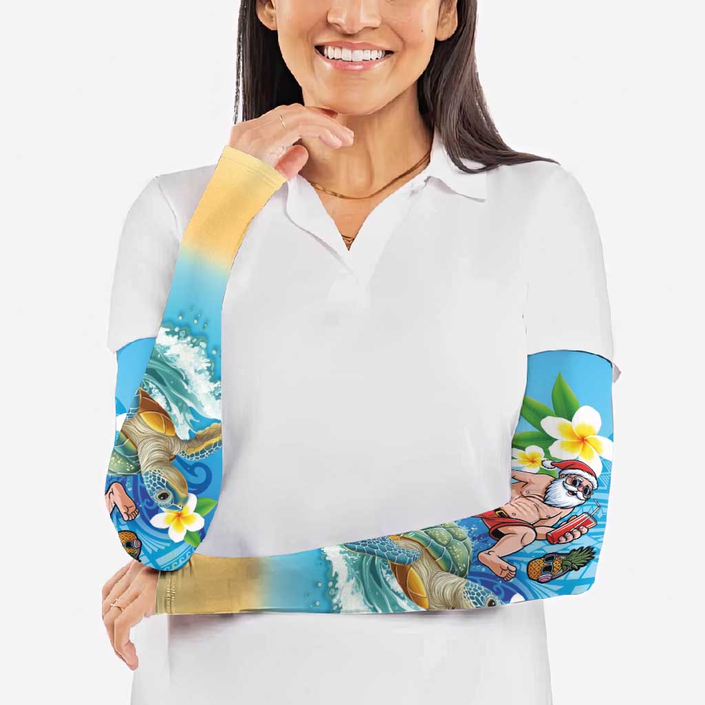 Polynesian Merry Christmas Arm Sleeves Funny Santa with Sea Turtle Beach Plumeria - Polynesian Pride