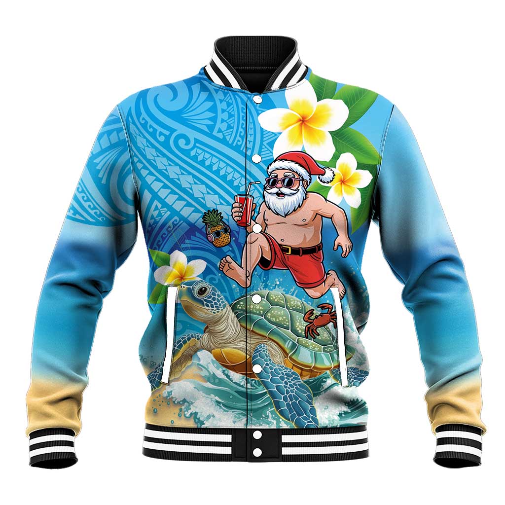 Polynesian Merry Christmas Baseball Jacket Funny Santa with Sea Turtle Beach Plumeria - Polynesian Pride