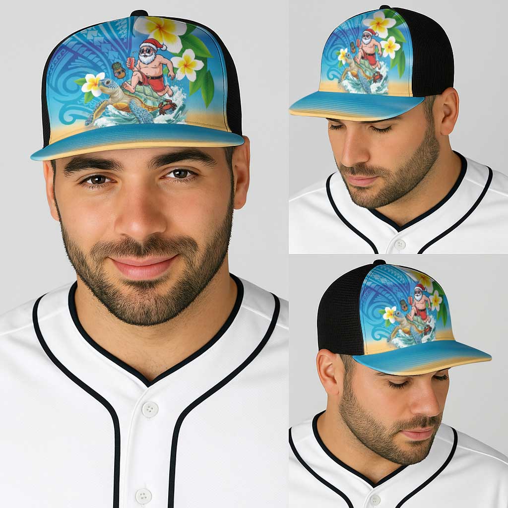 Polynesian Merry Christmas Baseball Net Cap Funny Santa with Sea Turtle Beach and Plumeria - Polynesian Pride