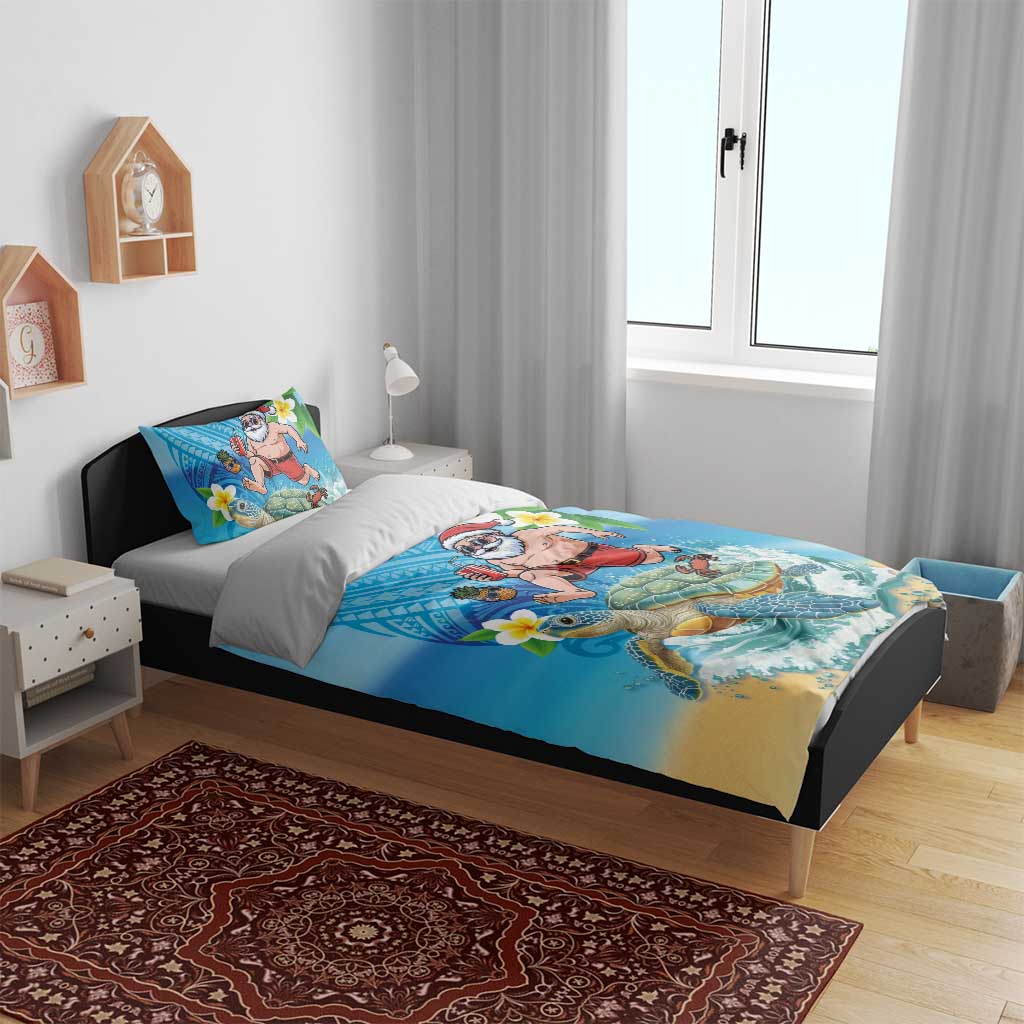 Polynesian Merry Christmas Bedding Set Funny Santa with Sea Turtle Beach Plumeria - Polynesian Pride
