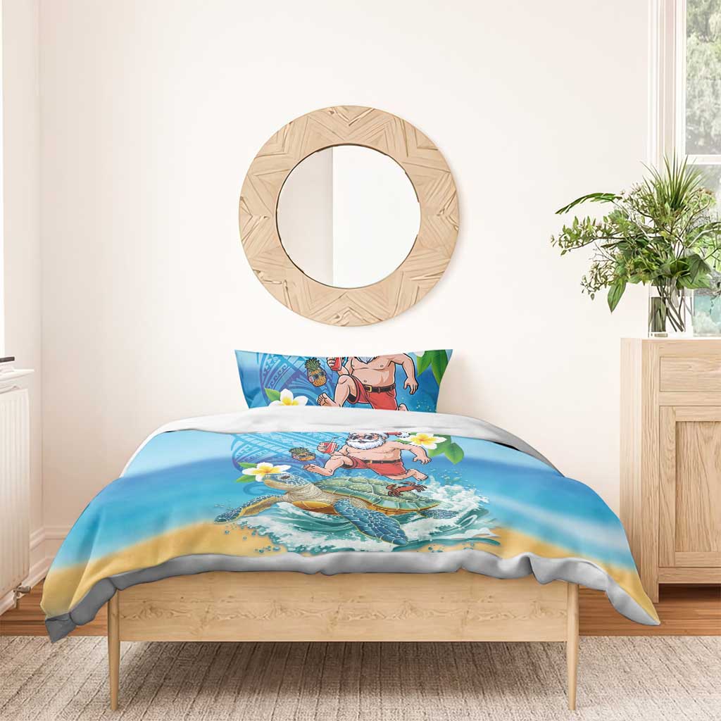 Polynesian Merry Christmas Bedding Set Funny Santa with Sea Turtle Beach Plumeria - Polynesian Pride
