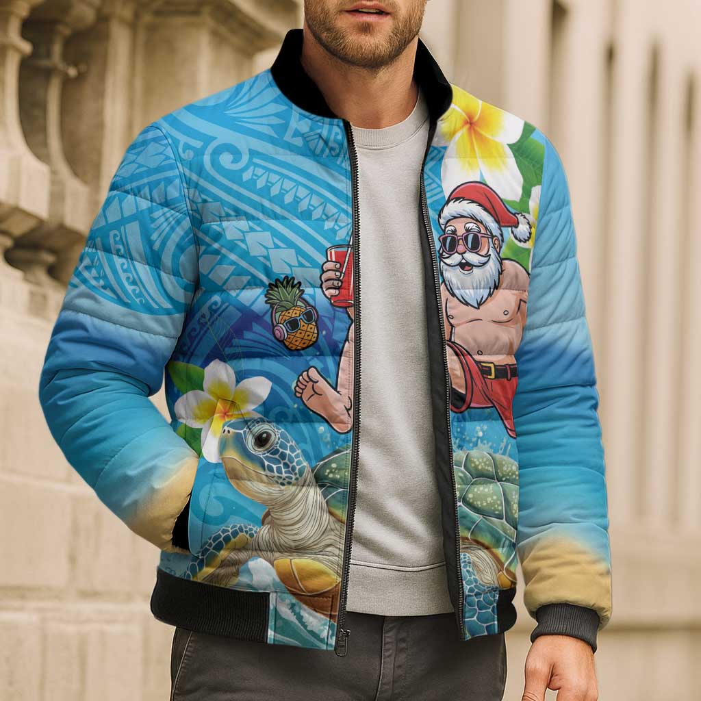 Polynesian Merry Christmas Bomber Puffer Jacket Funny Santa with Sea Turtle Beach Plumeria - Polynesian Pride