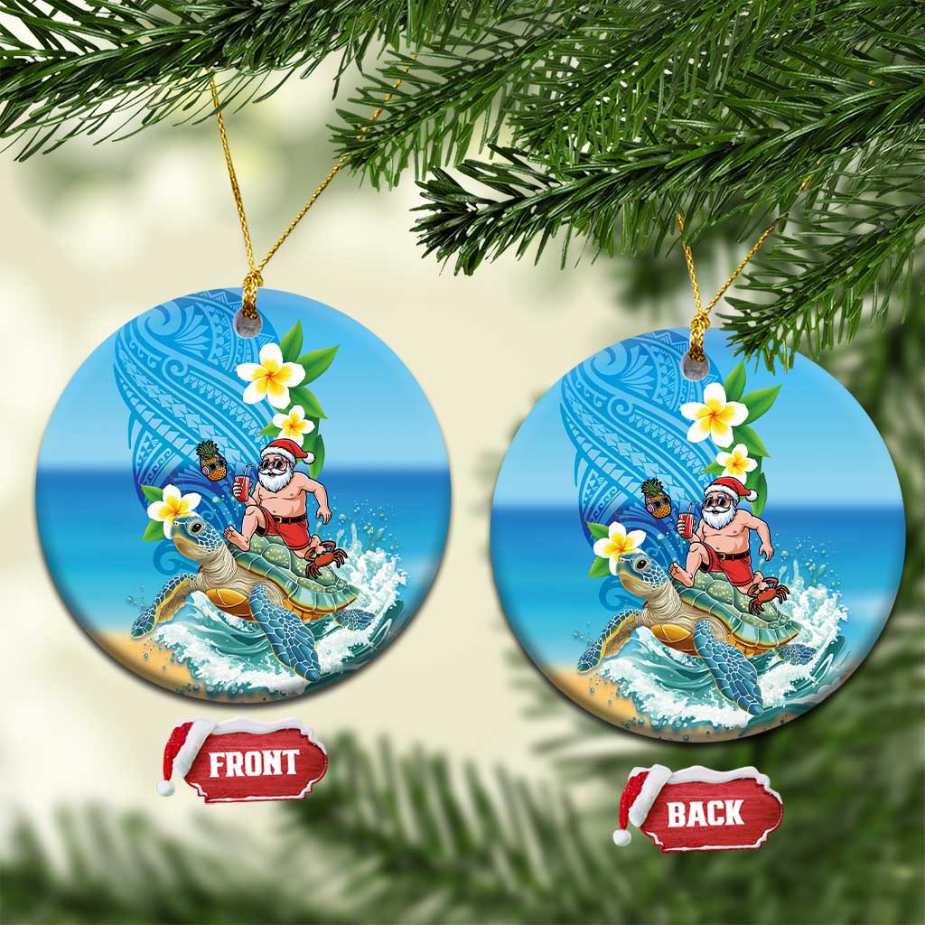 Polynesian Merry Christmas Ceramic Ornament Funny Santa with Sea Turtle on Beach and Plumeria - Polynesian Pride
