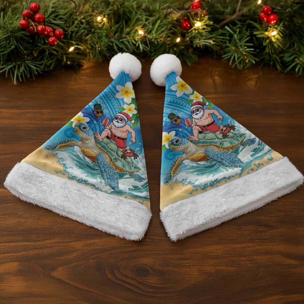 Polynesian Merry Christmas Santa Hat Funny Santa with Sea Turtle on Beach and Plumeria - Polynesian Pride
