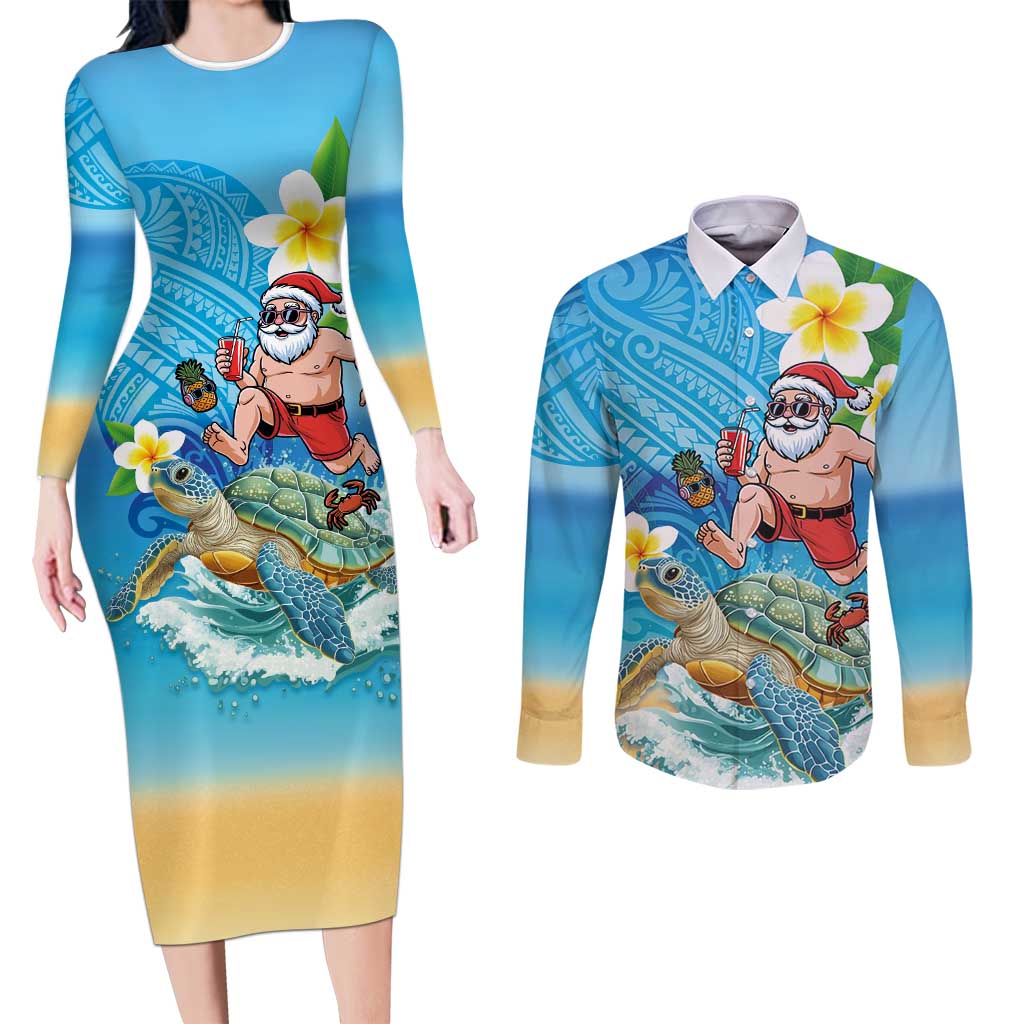 Polynesian Merry Christmas Couples Matching Long Sleeve Bodycon Dress and Long Sleeve Button Shirt Funny Santa with Sea Turtle Beach Plumeria - Polynesian Pride