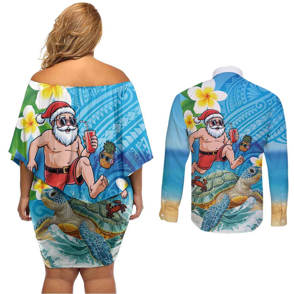 Polynesian Merry Christmas Couples Matching Off Shoulder Short Dress and Long Sleeve Button Shirt Funny Santa with Sea Turtle Beach Plumeria - Polynesian Pride