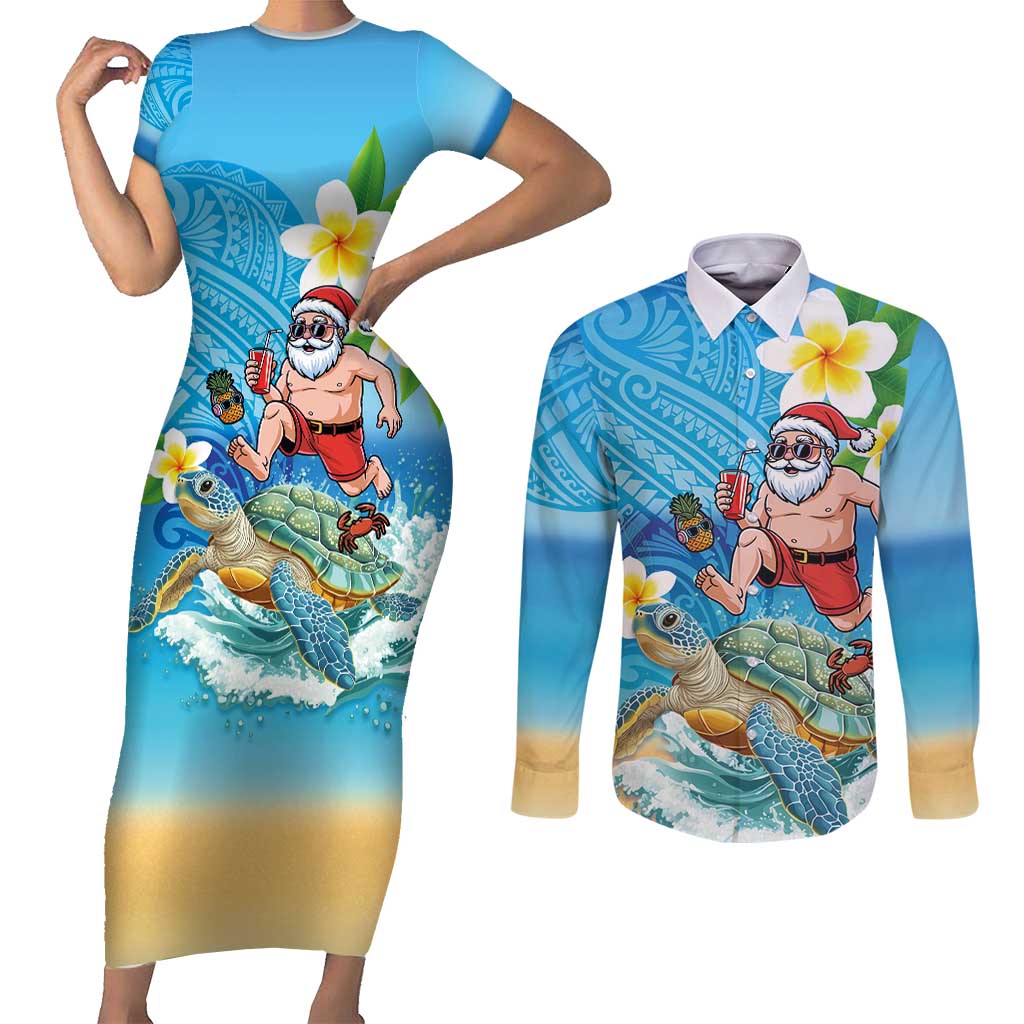 Polynesian Merry Christmas Couples Matching Short Sleeve Bodycon Dress and Long Sleeve Button Shirt Funny Santa with Sea Turtle Beach Plumeria - Polynesian Pride
