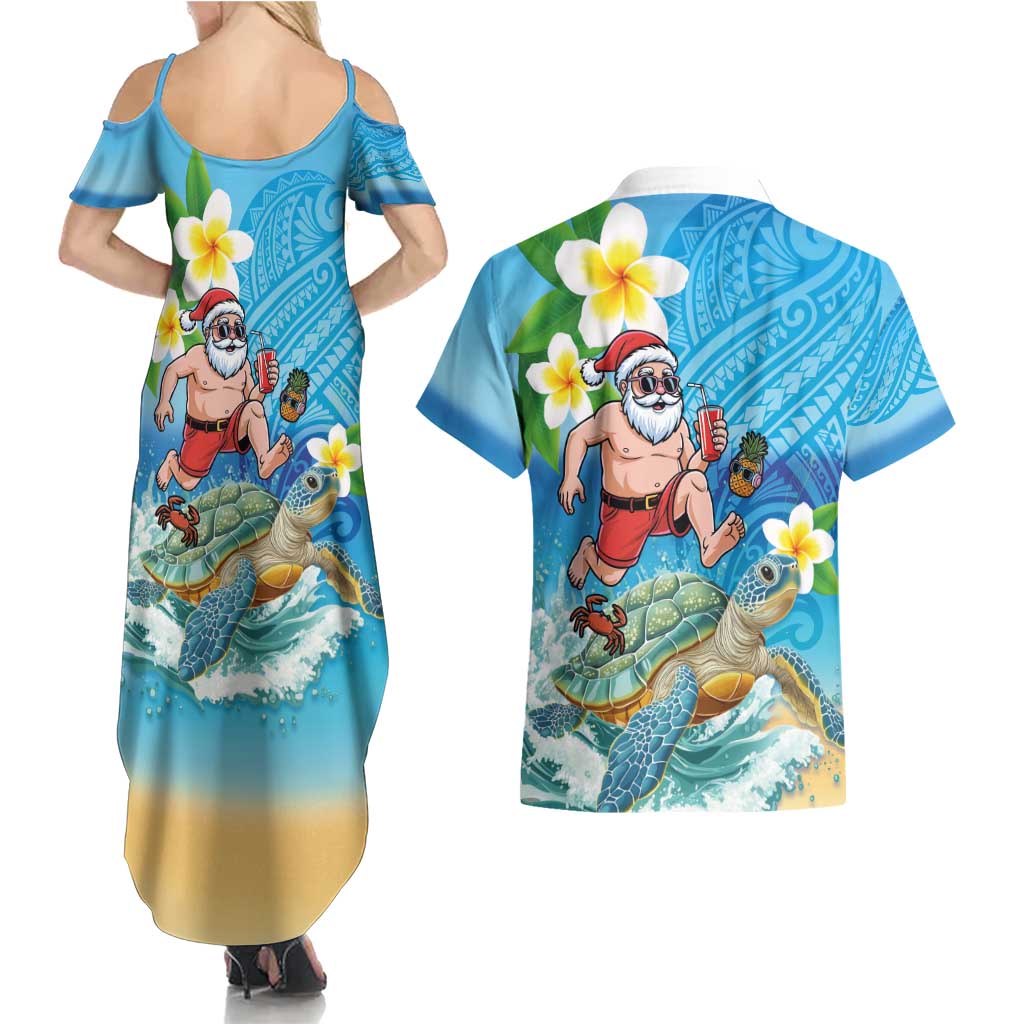 Polynesian Merry Christmas Couples Matching Summer Maxi Dress and Hawaiian Shirt Funny Santa with Sea Turtle Beach Plumeria - Polynesian Pride