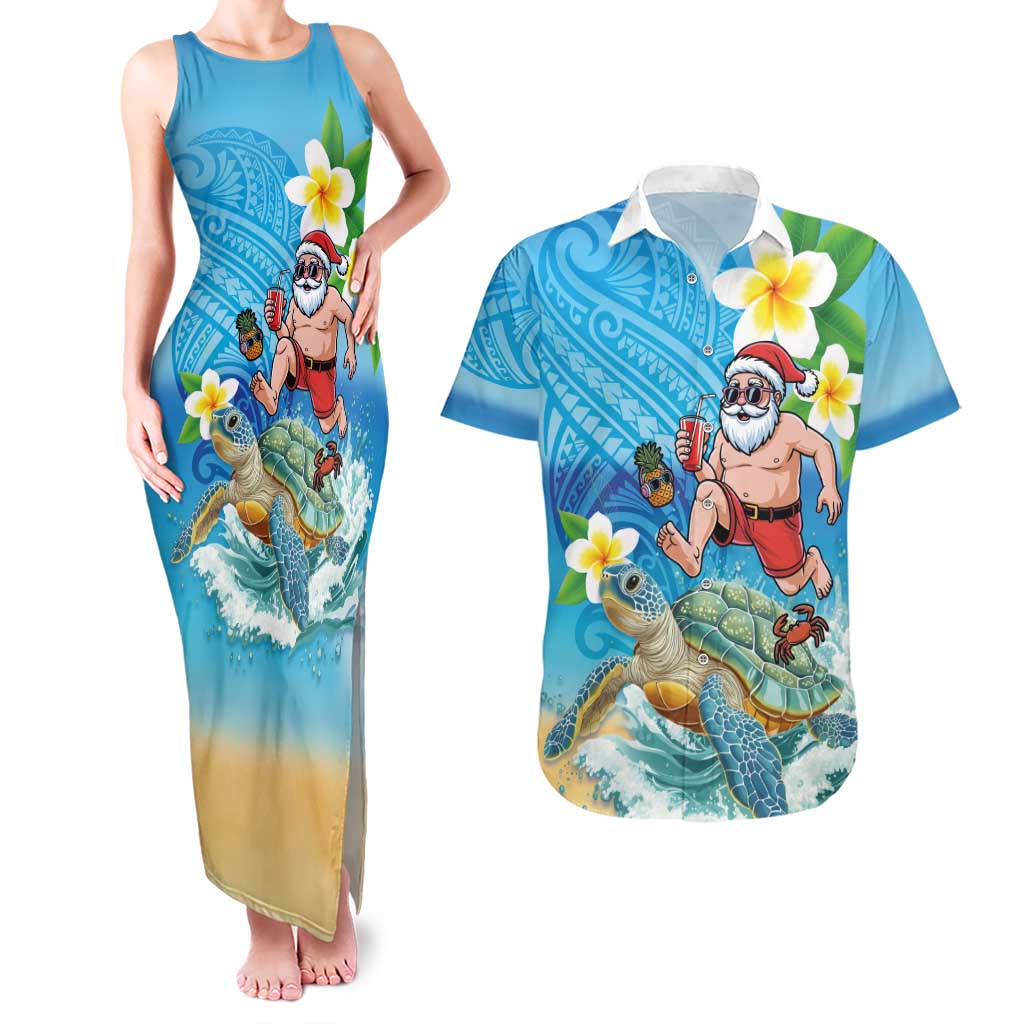 Polynesian Merry Christmas Couples Matching Tank Maxi Dress and Hawaiian Shirt Funny Santa with Sea Turtle Beach Plumeria - Polynesian Pride