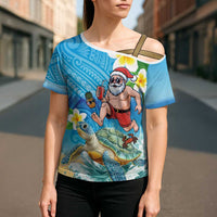 Polynesian Merry Christmas Cross Shoulder Shirt Funny Santa with Sea Turtle Beach Plumeria - Polynesian Pride