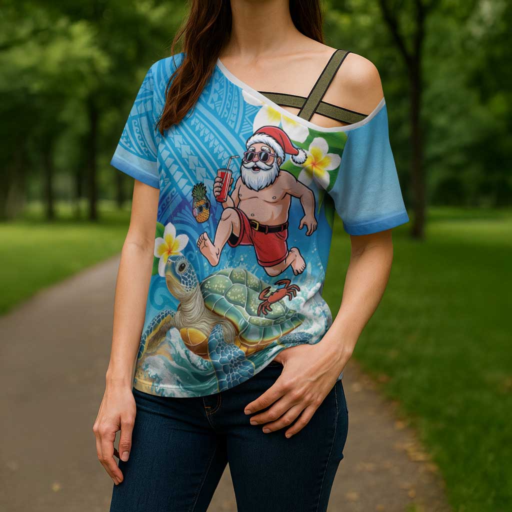 Polynesian Merry Christmas Cross Shoulder Shirt Funny Santa with Sea Turtle Beach Plumeria - Polynesian Pride