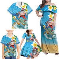 Polynesian Merry Christmas Family Matching Off Shoulder Maxi Dress and Hawaiian Shirt Funny Santa with Sea Turtle Beach Plumeria - Polynesian Pride