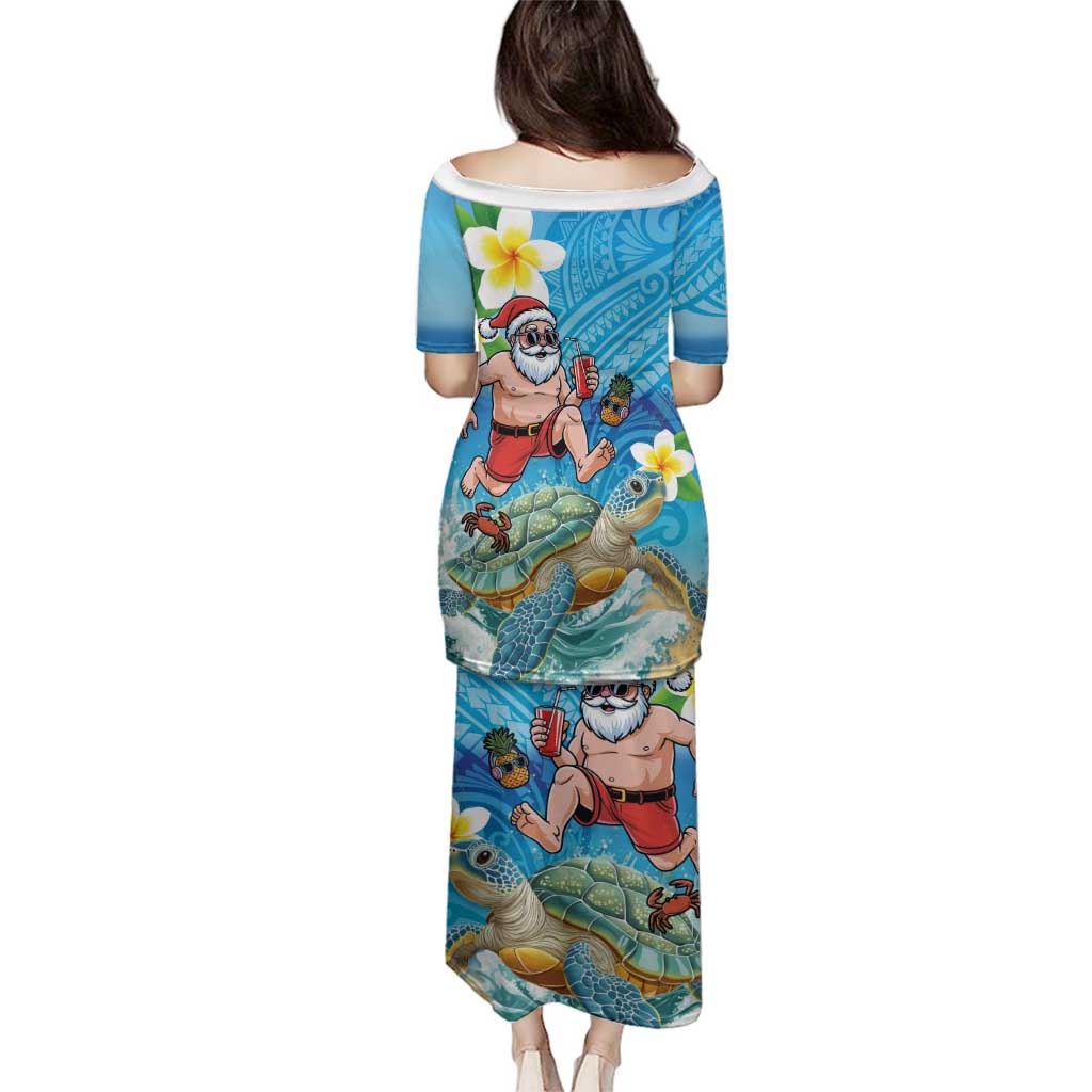 Polynesian Merry Christmas Family Matching Puletasi and Hawaiian Shirt Funny Santa with Sea Turtle Beach Plumeria - Polynesian Pride