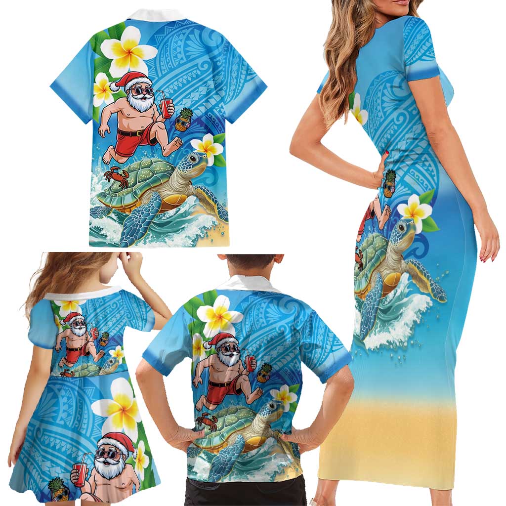 Polynesian Merry Christmas Family Matching Short Sleeve Bodycon Dress and Hawaiian Shirt Funny Santa with Sea Turtle Beach Plumeria - Polynesian Pride