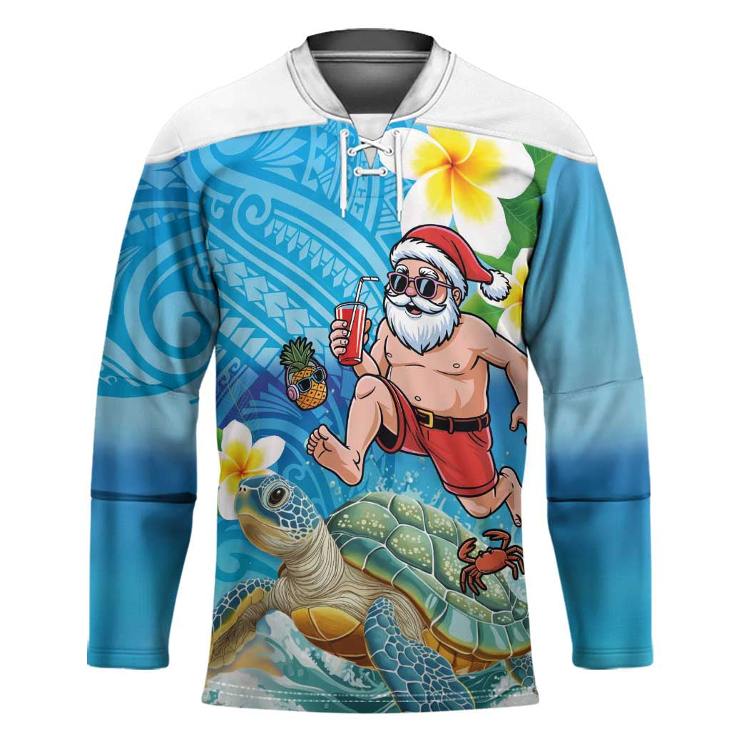 Polynesian Merry Christmas Hockey Jersey Funny Santa with Sea Turtle Beach Plumeria - Polynesian Pride