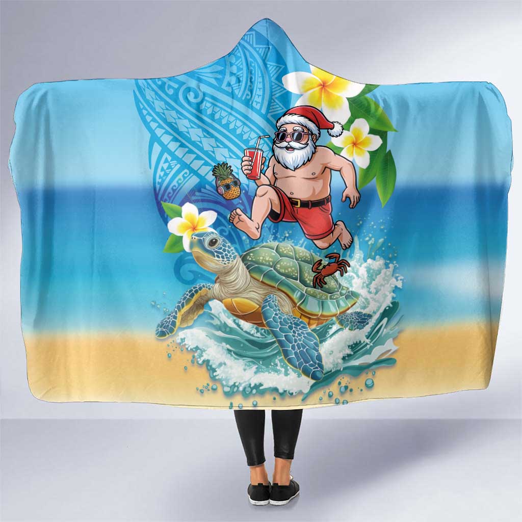 Polynesian Merry Christmas Hooded Blanket Funny Santa with Sea Turtle Beach Plumeria - Polynesian Pride