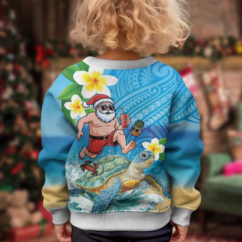 Polynesian Merry Christmas Kid Ugly Christmas Sweater Funny Santa with Sea Turtle on Beach and Plumeria - Polynesian Pride